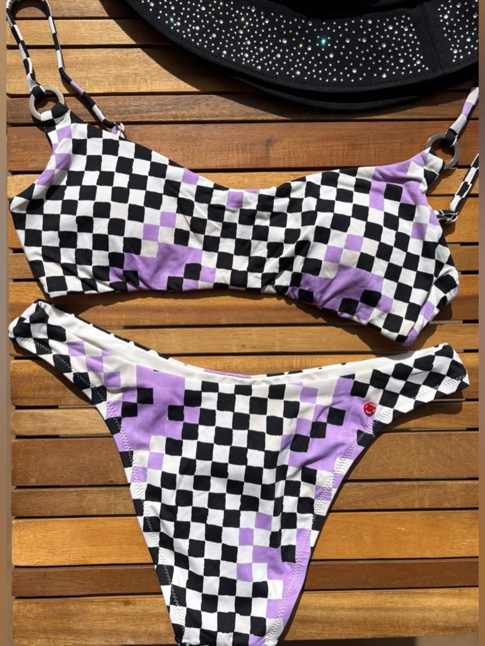 XSMALL NWT RED CARTER - GRACE CHECK ME OUT BIKINI SWIMSUIT BLACK WHITE LILAC - Picture 7 of 8
